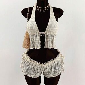 Shell Pendant Metal Harness Decor Backless Cami & Super Low-Rise Tie-Up Shorts